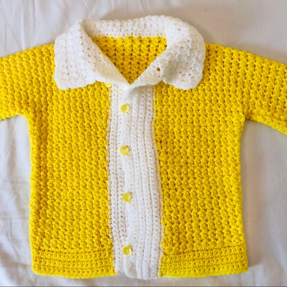 Vintage Hand Knit Yellow Cardigan for Baby